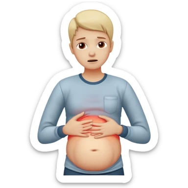 A person wearing casual clothes, holding their stomach with one hand, showing visible discomfort. A red glow appears over the abdominal area to indicate pain. Realistic medical illustration style, clean white background, focus on body language expressing stomach ache or cramps. sticker