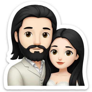 couple of newlyweds hugging, white skin man with black hair and beard; white skin woman with long black hair and black eyes sticker