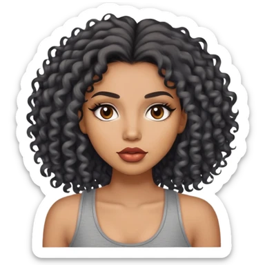 light brown skin tone, very beautiful woman, with big plump lips, long long lashes, black curly long hair, brown eyes, grey tank top sticker