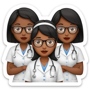 Genera un emogis de 4 enfermeras pelinegra juntas, entre ellas una con un lunar encima del labio y otra con lentes sticker