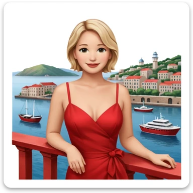 jennifer lawrence, red dress leaning on a balcony with a harbor and cityscape in the background, smiling, closeup sticker