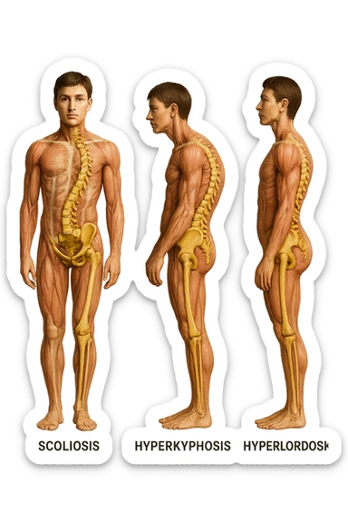 fai un immagine identica che riguarda 3 posture scorrette: scoliosi, ipercifosi e iperlordosi. falla iperrealistica anatomica in 4k con spina dorsale storta in evidenza su ogni figura sticker
