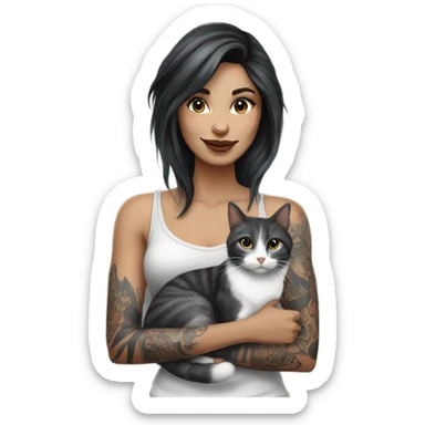 Beautiful dark haired tattooed woman holding gray and white stripe long haired cat sticker