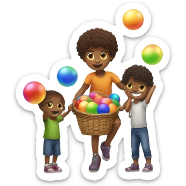 Kid holding another kids feel while other kid is holding a basket and trying to catch all the rainbow balls into the basket on the geound sticker