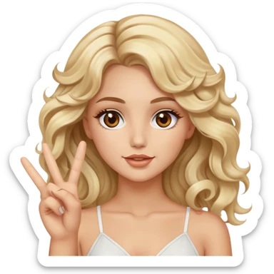 Luxury blonde model, brown eyes, wavy hair, peace sign sticker