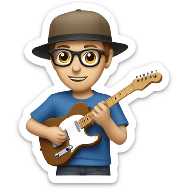 A nerdy white guy with glasses with short brown hair wearing a baseball cap playing a blue classic telescaster sticker