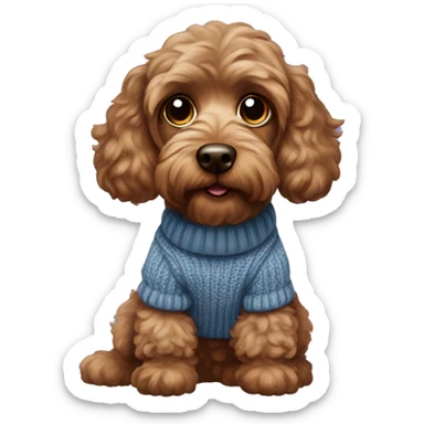 Brown cockapoo wearing a jumper sticker