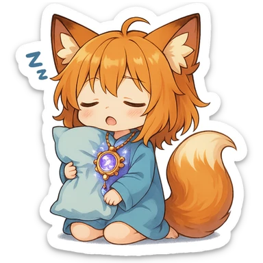 Add a magical sparkling amulet to the chibi sleepy fox. Keep the background transparent. sticker