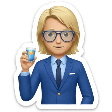 A blond man in a blue suit with a Colt pointing forward. The audience , and long hair and Rayban glasses sticker