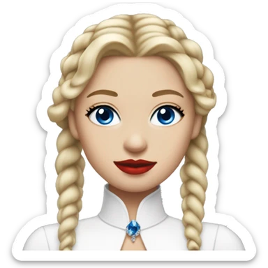 woman with blue eyes blonde har over one of her shoulders with a small braid in some of her hair, red lips, eyeliner, necklaces, white dress, black gloves sticker
