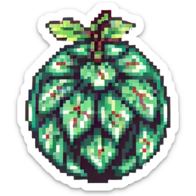 Green digital bomb animation frame 1, round bomb body with green highlights, full-length leaf-shaped fuse at top, nature-inspired design, pixel art style sticker