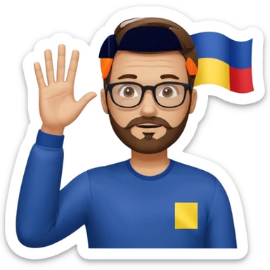 A brown-haired man with a designer stubble beard and rectangle glasses. He pose to show him shrugging - raise both shoulders up in a "I don't know" gesture, In the background the Romania flag. sticker