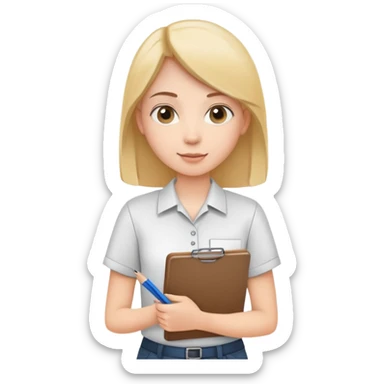 intern or volunteer holding a clipboard and pencil, ready to take notes or assist. The character wears a simple shirt and has an eager posture sticker