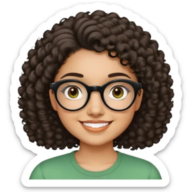 Young Latina woman with light brown skin. Round friendly face. Dark brown eyes with black-framed glasses. Thick arched eyebrows. Short voluminous curly hair. Big smile showing dimples. Wearing a green casual top. sticker