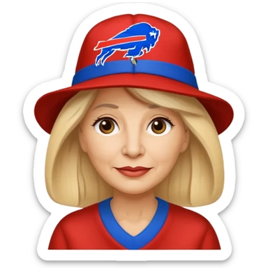 Older blond lady with medium hair and buffalo bills hat sticker