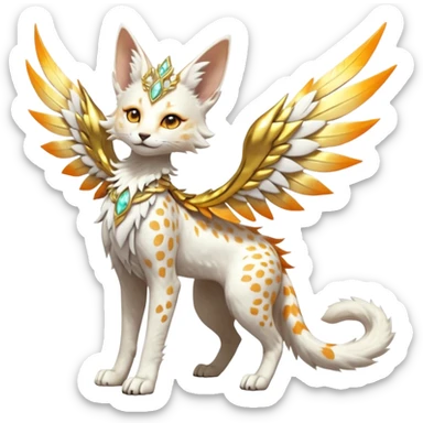 Epic complex fantasy glorious detailed futuristic divine godly angelic feathery sunny, white, albino, pastel, golden, orange glowing sparkly, realistic Fakémon-Sprigatito-Floragato-Meowscarada-Trico-Sergal-Serval-Solgaleo-Vernid-creature (full body) solarpunk, shiny sparkly with a gold laurel sticker