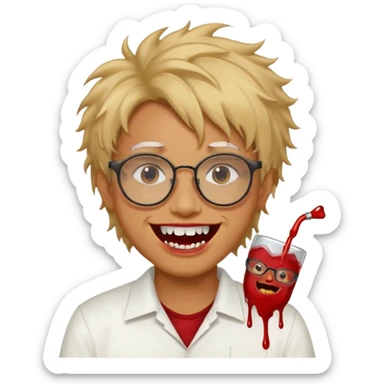 Cabelo bagunçado com oculos sorrindo com metade do rosto com dente de ouro e saindo sangue da boca  sticker