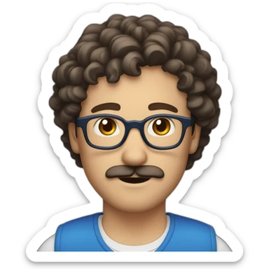 white man with short curly dark brown hair, blue small eyes, round eyeglasses and a brown mustache sticker