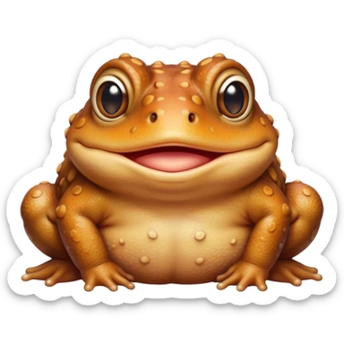 Cinematic Cute Toad Portrait Emoji, Head tilted playfully and inquisitively, featuring a charmingly plump form with bumpy, textured skin in rich earthy hues and round, sparkling eyes full of gentle mischief, Simplified yet irresistibly adorable features, highly detailed, glowing with a warm, friendly woodland glow, high shine, affectionate and lively, stylized with a touch of whimsical nature charm, soft glowing outline, capturing the essence of a mischievous yet loving toad that seems as if it could hop out of the screen into your arms! sticker