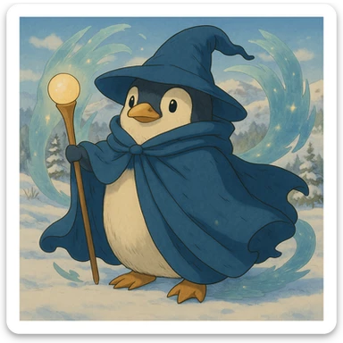 Add a snowy landscape background behind the ghibli style penguin wizard, keep all original colors and style sticker