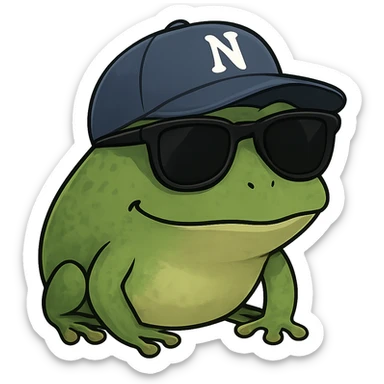 Tiny tropic frog wearing a baseball cap and sunglasses, bufo style sticker