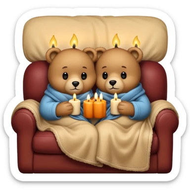 Two cozy teddy bears cuddling wrapped in a blanket watching tv on couch with candles next to them sticker