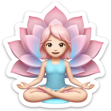 Cute flat-style emoji of a smiling lotus position, glowing aura around, pastel colors (light blue, soft pink), minimalist design, round frame, transparent background, 3D render, high details%::kawaii anime style::clay material render::pixel art 8-bit sticker