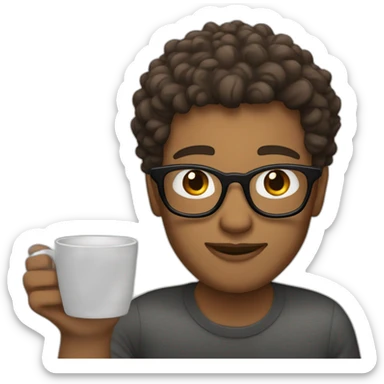 medium skin tone guy with short curly hair wearing glasses drinking a cup of coffee sticker