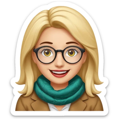 Emoji estilo WhatsApp de una mujer sonriente con rostro ovalado, piel clara, ojos grandes y oscuros, cejas gruesas arqueadas, gafas grandes redondeadas, rizos voluminosos oscuros, bufanda colorida y expresión tierna. Colores limpios, contornos suaves y fondo transparente. sticker