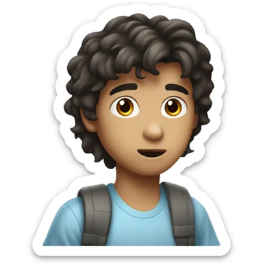 "Young person with medium-length, tousled dark hair, fair skin, and dark, expressive eyes looking slightly to the side. Wearing a light blue, casual T-shirt with a slightly surprised or curious expression." sticker