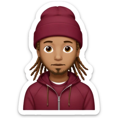 Animate a caramel skinned male with brown dreads and a tan colored  beanie. Wearing a burgundy tracksuit on with no beard  sticker