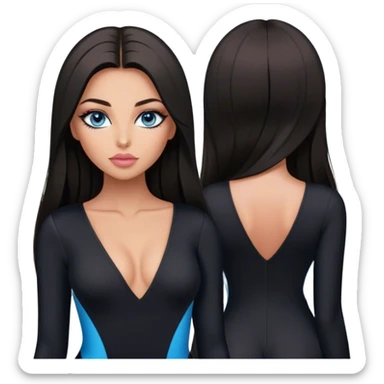Glamours make-up, tanned, beautiful, girl, with blue eyes, big pump peach-beige-rose lips, eyeliner, long lashes, black straight smooth silky long hair, parting hair in the middle,  in black v-neck bodysuit long sleeves sticker