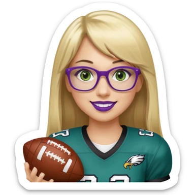 long blonde hair with straight bangs, black rectangle glasses, female, green eyes wearing eagles uniform jersey number 33 holding football smiling purple lipstick sticker