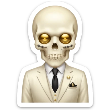 aesthetic shiny glowing divine lighting - Megadeth icon - a politician in an ivory ethereal suit wears a white tie, has a skull instead of a head, and instead of glasses, has a metal plate with screws over his eyes sticker