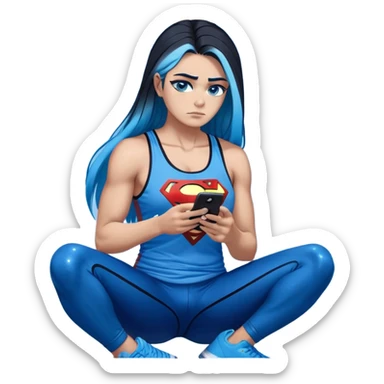 Shameful disappointed crying-very very very very big chest-texting on a samsung cell phone-very long straight flowing black to sky blue hair ombre-blue eyes-black eyeliner-long eyelashes-plastic sparkling sky blue very low cut tank top with sparkling superman logo-black leggings-nike sneakers sticker
