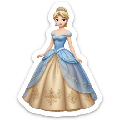 Cinematic Realistic Cinderella Portrait, depicted with lifelike skin texture, subtle rosy undertones, and soft natural lighting that enhances the gentle contours of her face. Her intricately detailed golden blonde hair is elegantly styled in an updo, with delicate wisps framing her face for added realism. Her deep, expressive blue eyes radiate warmth and sincerity, reflecting a quiet resilience and grace. She is dressed in her iconic ball gown, the fabric shimmering with intricate embroidery and fine translucent layers that catch the light beautifully. The soft sheen of satin gloves and the delicate sparkle of a glass-like slipper peeking from beneath her dress add a touch of magical realism. The portrait features an enchanting glow with a natural, luminous finish, seamlessly blending realism and fairytale charm to evoke a sense of depth, elegance, and timeless beauty. sticker