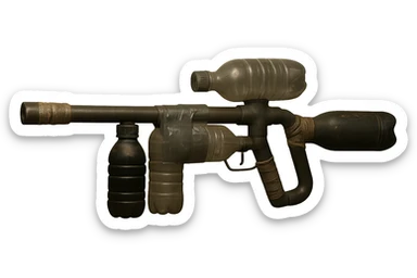 Remove the background, keep only the realistic cobbled-together rifle using household tubes and bottles, with visible repairs, tape, and a post-apocalyptic, resourceful look, with a transparent background. sticker