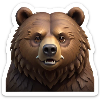 Cinematic Noble Grizzly Bear Portrait Emoji, Poised and regal, with a massive, powerful build and a thick, rugged deep brown fur, piercing deep-set soulful eyes, Simplified yet sharp and sophisticated features, highly detailed, glowing with a soft, dignified glow, high shine, intelligent and formidable, stylized with an air of untamed wilderness, focused and attentive, soft glowing outline, capturing the essence of a watchful and commanding guardian, so majestic it feels as though it could lumber out of the screen with effortless authority! sticker