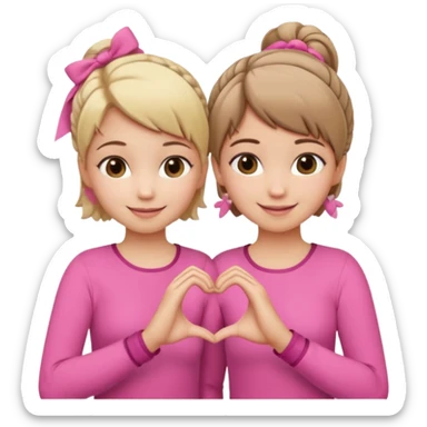 Two best friends making a heart shape with their hands together. One of them has blond hair which is shorter and the other has brown hair tied up. They are both wearing pink outfits. sticker