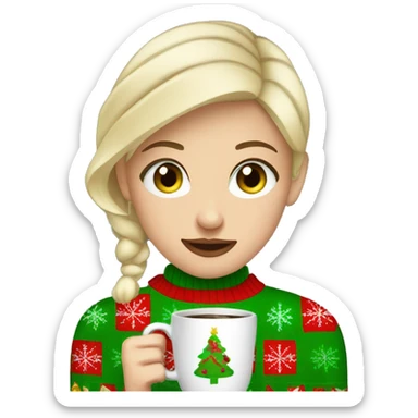 Short haired blonde girl with green eyes drinking coffee wearing Christmas sweater sticker