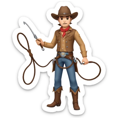 cowboy man holding a whip, dynamic pose, western outfit, adventure vibe, 3D cartoon, mobile game icon style, clean background, no text, no watermark
 sticker