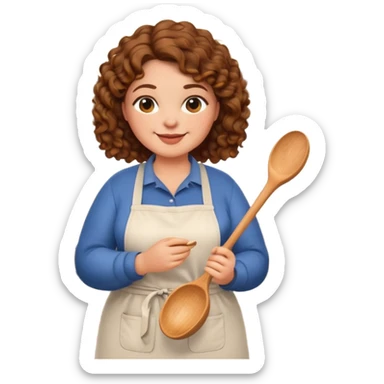 Create a friendly, smiling emoji avatar of a plus size woman with curly hair, warm skin tone, wearing casual kitchen clothes, holding a wooden spoon or standing in a cozy kitchen setting. The style should be cute and simple, suitable for a healthy cooking Instagram page.” sticker