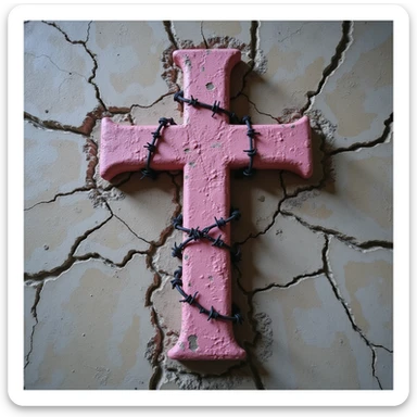 realistic gothic cross, pink with barbed wire and a cracked stone texture, photorealistic style, no background sticker