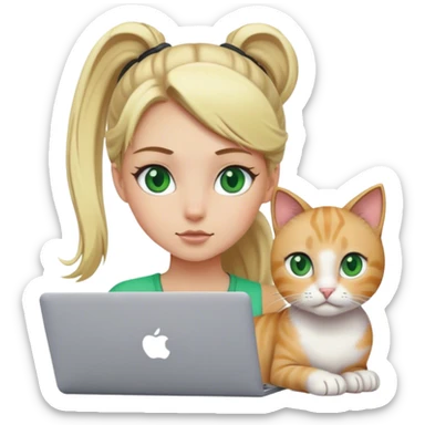 Blonde girl ponytail green eyes with macBook and a cat sticker