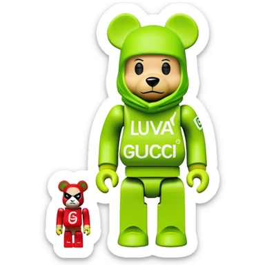bearbrick with cube head in a lime green balaclava heavily tagged with multiple luxury and street brand logos, random placement like street graffiti, Supreme, Gucci, LV, Nike swooshes all mixed in wild street art style sticker