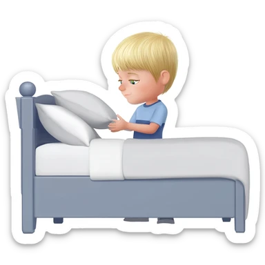 3 year old blonde boy with green-blueish eyes making the bed. Neat, and pillows in order sticker