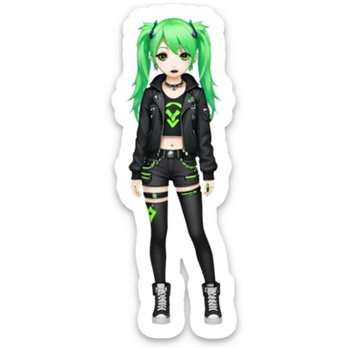hime gyaru girl, neon green hair, dark makeup, punk clothes standing full body sticker