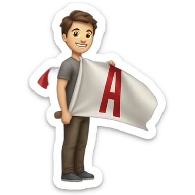 a brown-haired guy carrying a banner that says 'halime' sticker