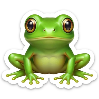 Cinematic Cute Green Tree Frog Portrait Emoji, Head tilted playfully and inquisitively, featuring a charmingly compact form with vivid green, slightly textured skin, prominent sticky toe pads, and round, sparkling eyes full of playful wonder, Simplified yet irresistibly adorable features, highly detailed, glowing with a warm, inviting jungle glow, high shine, affectionate and lively, stylized with a touch of tropical whimsy, soft glowing outline, capturing the essence of a mischievous yet loving frog that seems as if it could hop out of the screen into your arms! sticker