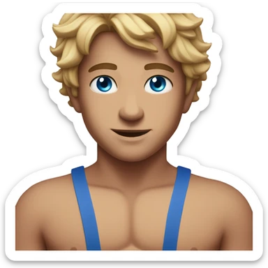 Caleb  with blue eyes and a bathing suit sticker